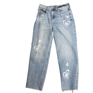 Hollister Womens Ultra High Rise Straight Jeans 9/29 Lt Wash with Hearts Raw Hem